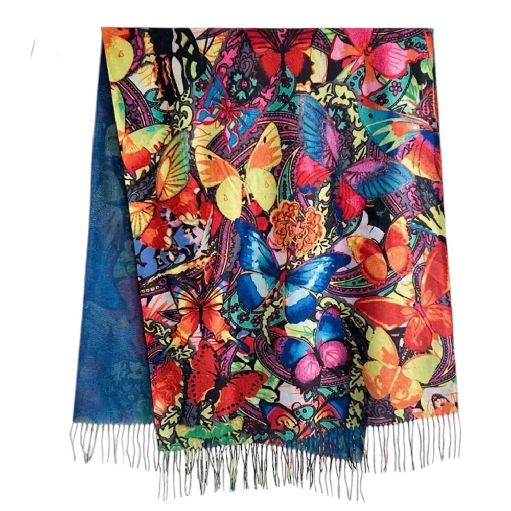 Butterfly Museum Painting Reversible Fringed Scarf, Xtra Long Imitation Cashmere